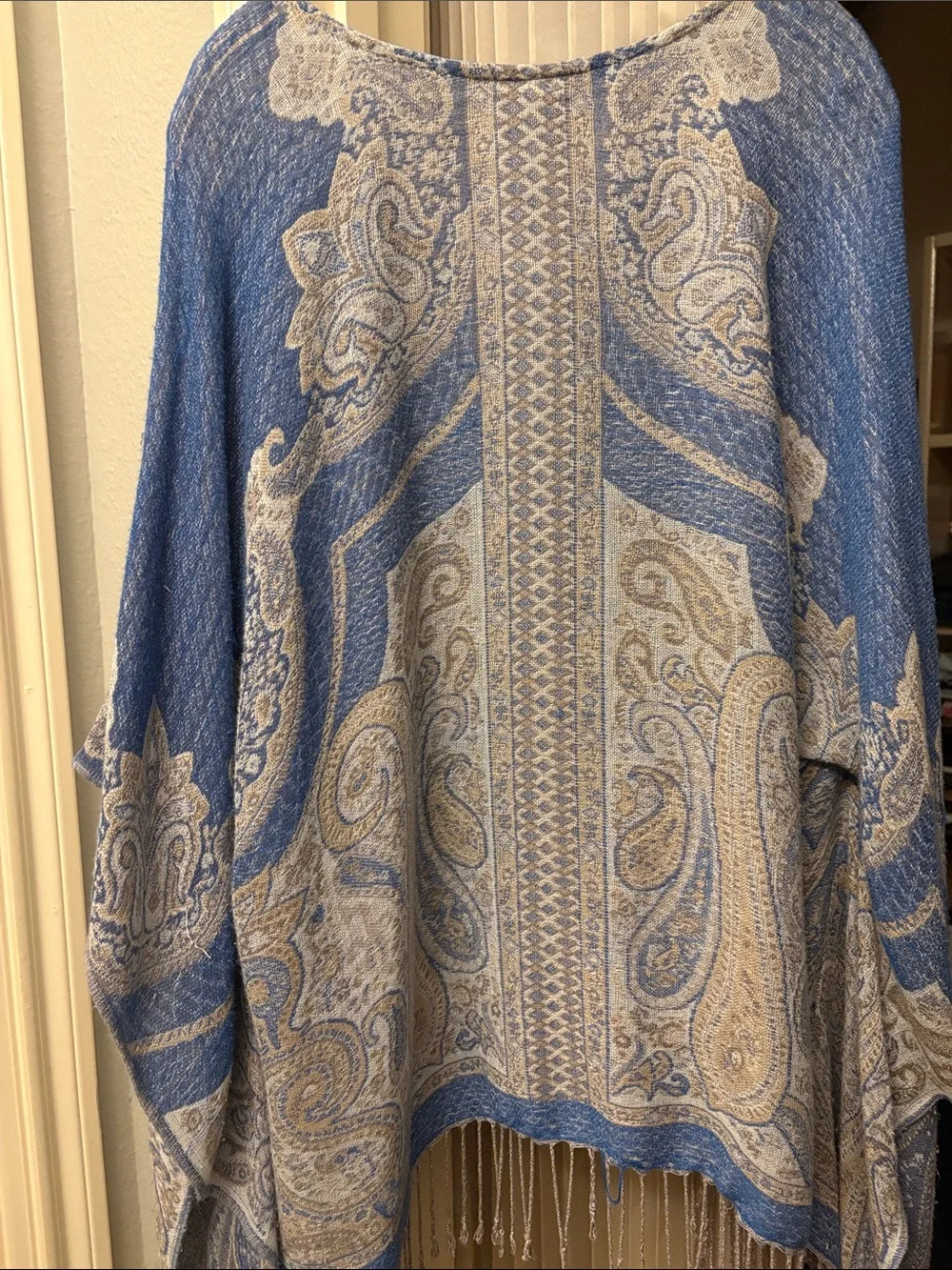 Chico’s Blue and khaki Paisley Fringe Poncho Top